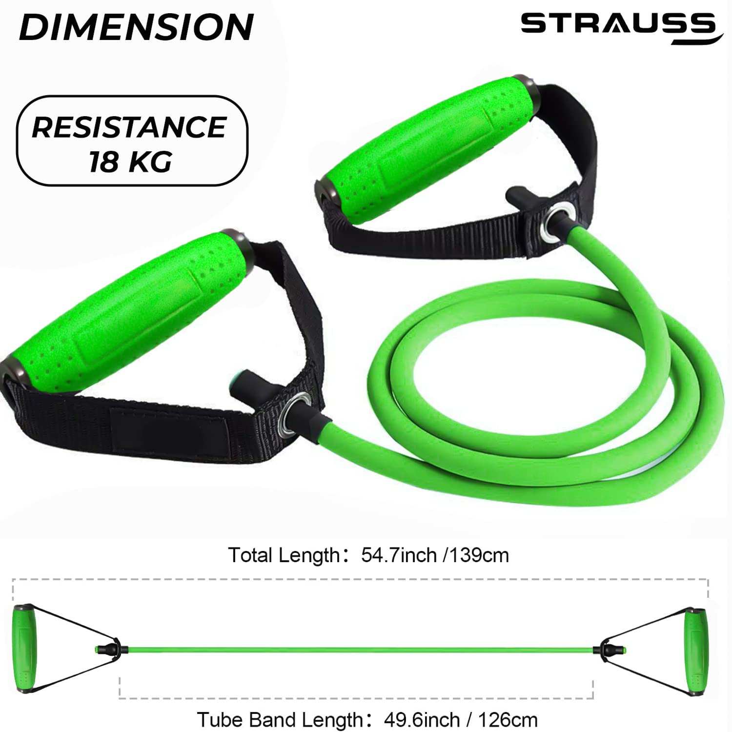 Strauss Single Resistance Tube with PVC Handles, Door Knob & Carry Bag, 18 Kg, (Green)