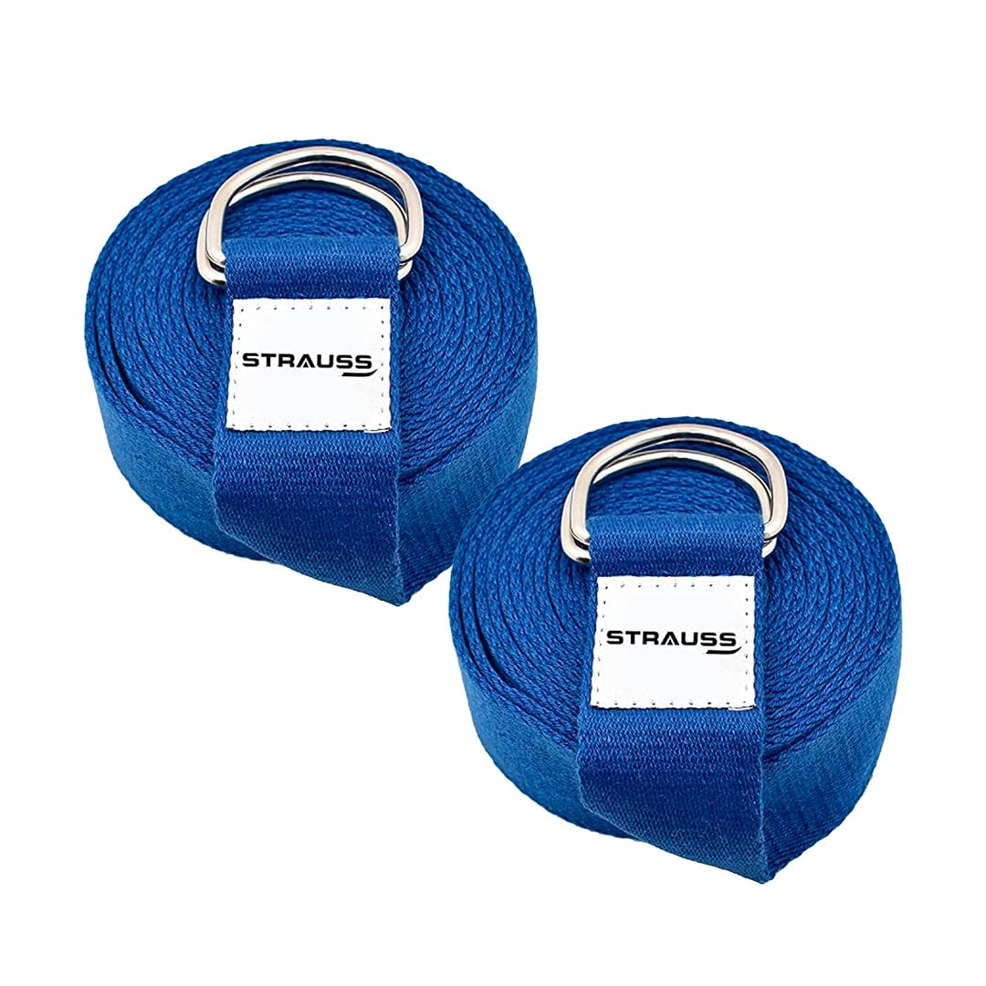 Strauss Yoga Strap & Stretching Belt | Ideal for Yoga, Pilates, Therapy, Dance, Gymnastics & Flexibility | 60% Thicker Belt with Extra Safe Adjustable Metal D-Ring Buckle | 8 feet (Blue) | Pack of 2