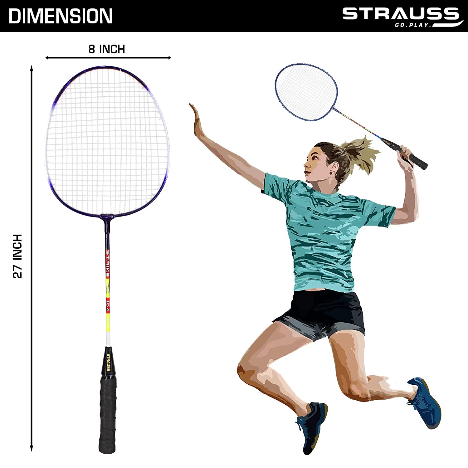 Strauss Strike 104 Badminton Racquet, Single, (Blue/White)