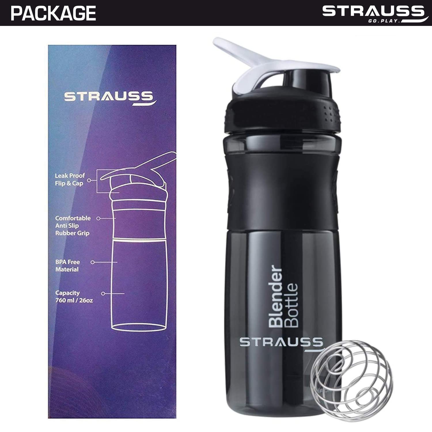 Strauss Blender Shaker Sipper Bottle 760ml | Ideal for Protein, Pre Workout And BCAAs & Water | High-quality BPA Free Material with 100% Leakproof Guarantee | Rounded corners for easy cleaning (Black)