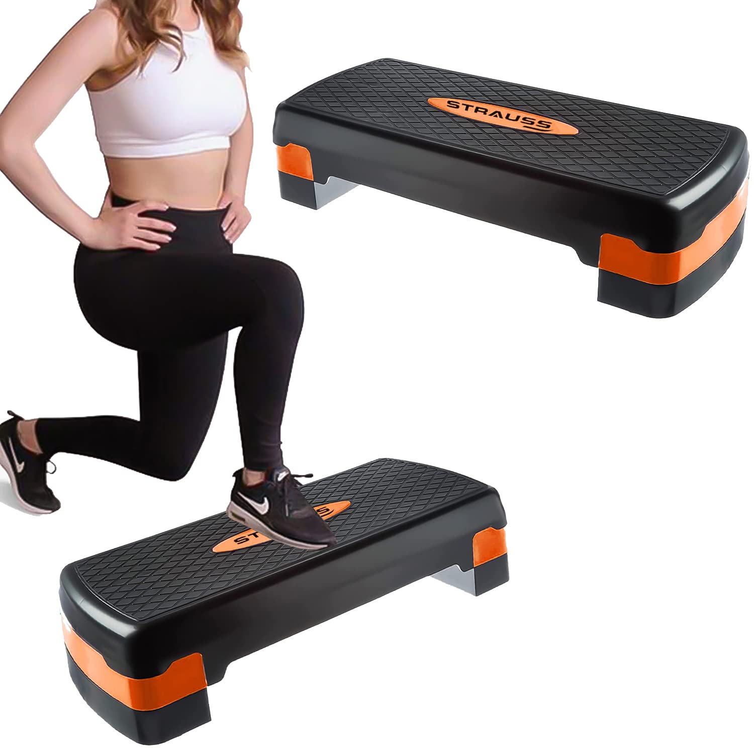 Strauss Aerobic Stepper | Two Height Level Adjustments - 4 inches and 6 inches | Slip-Resistant & Shock Absorbing Platform for Extra-Durability - Supports Upto 200 KG, (Orange)