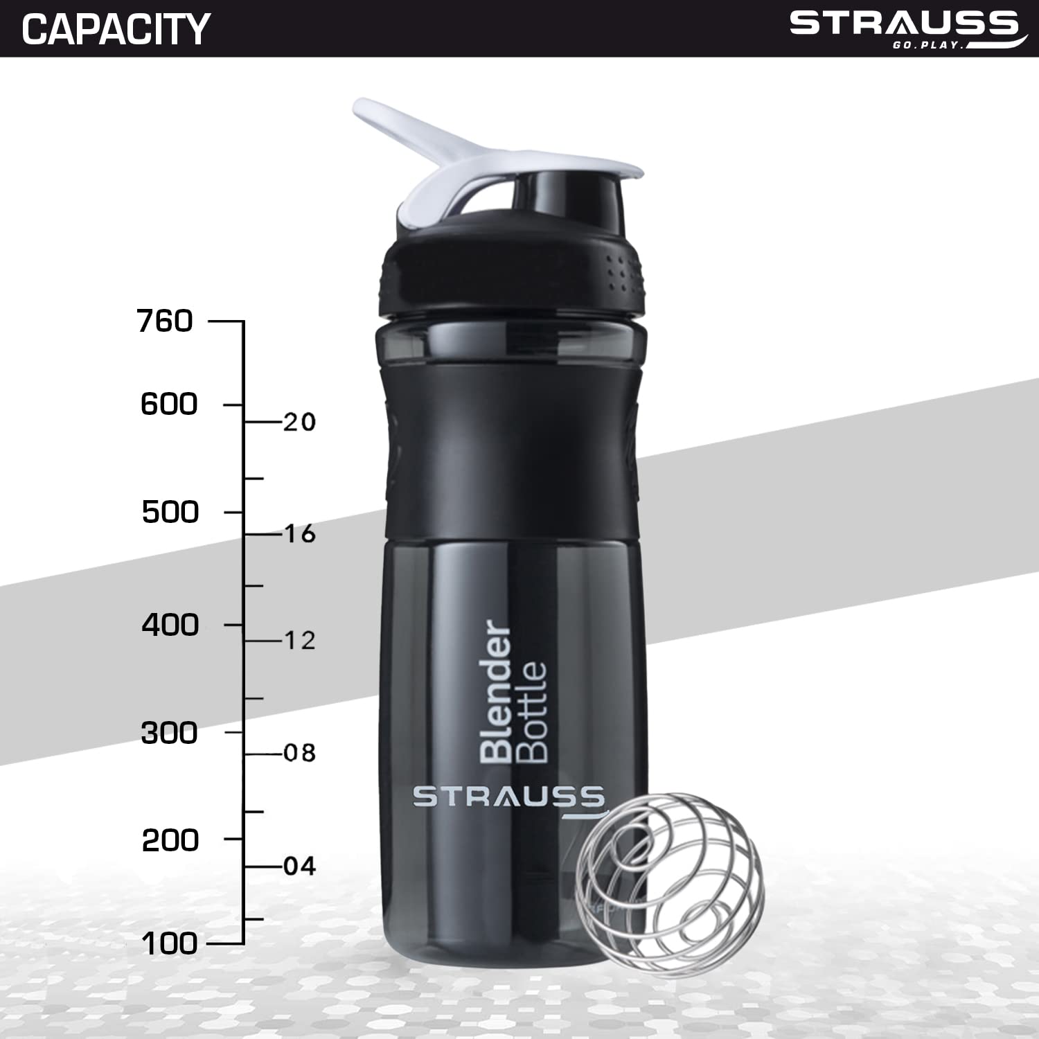 Strauss Blender Shaker Sipper Bottle 760ml | Ideal for Protein, Pre Workout And BCAAs & Water | High-quality BPA Free Material with 100% Leakproof Guarantee | Rounded corners for easy cleaning (Black)