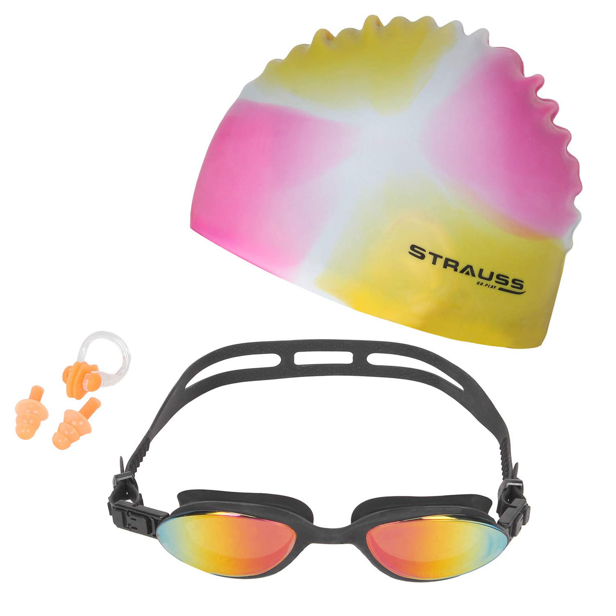 STRAUSS Swimming Goggles Set with UV and Anti Fog Protection | Swimming Kit of Goggles,Cap,Earplug & Nose Plug Set - Ideal for All Age Group | Fully Adjustable | (Multicolor - Blue/Yellow)