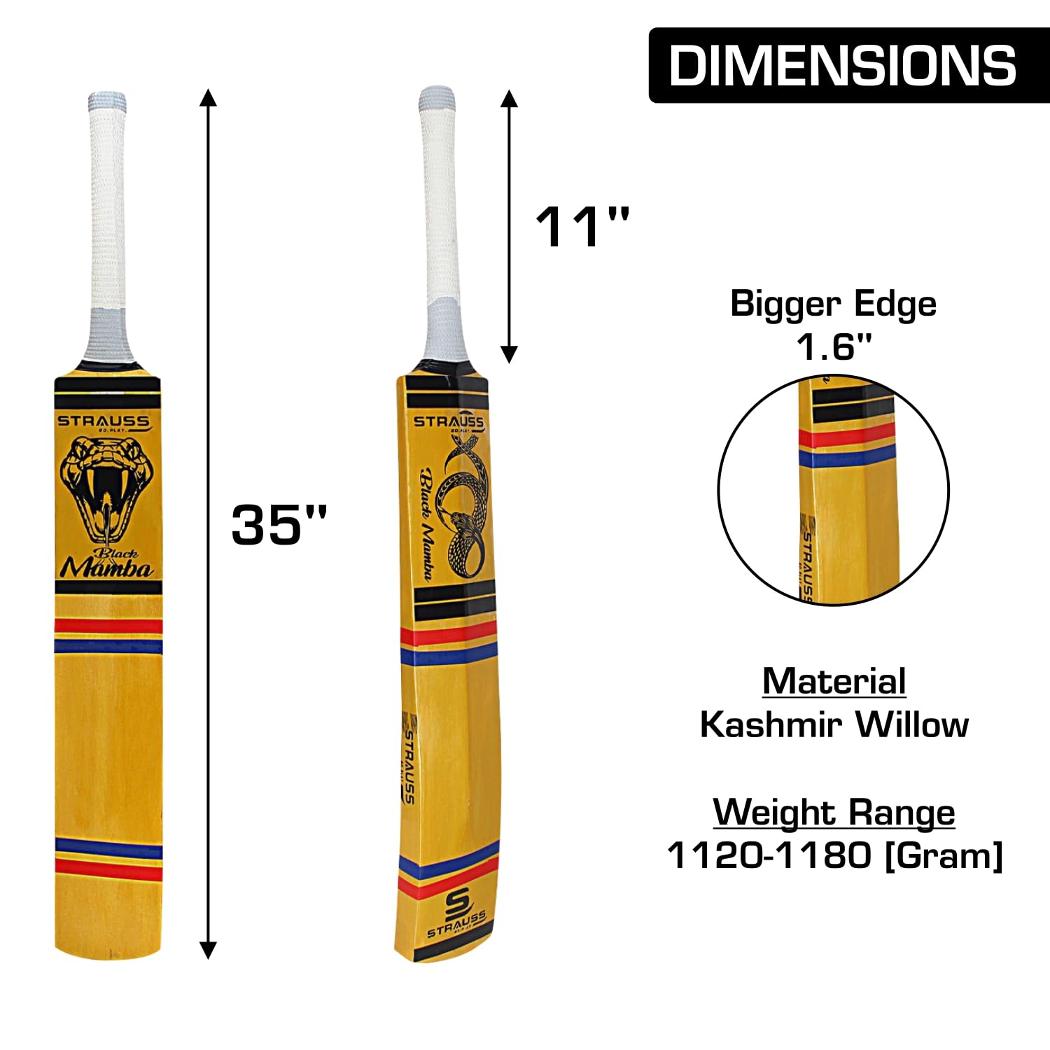 Strauss Cricket Bat | Edition: Black Mamba | Kashmir Willow | Black Mamba Tennis Cricket Bat | Full Size | Color: Yellow | Tennis Ball Cricket Bat