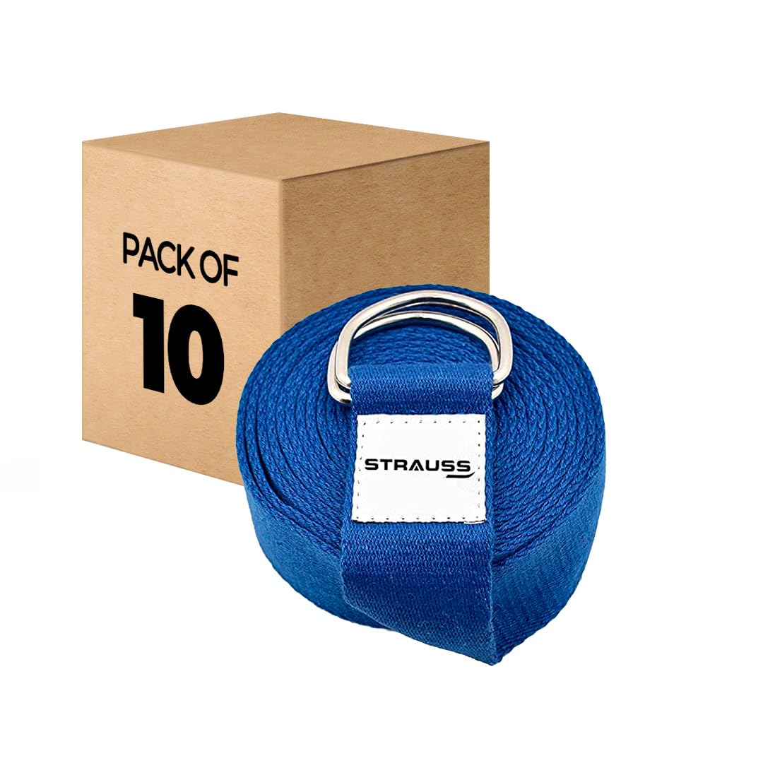 Strauss Yoga Strap & Stretching Belt | Ideal for Yoga, Pilates, Therapy, Dance, Gymnastics & Flexibility | 60% Thicker Belt with Extra Safe Adjustable Metal D-Ring Buckle|8 feet (Blue) | Pack of 10