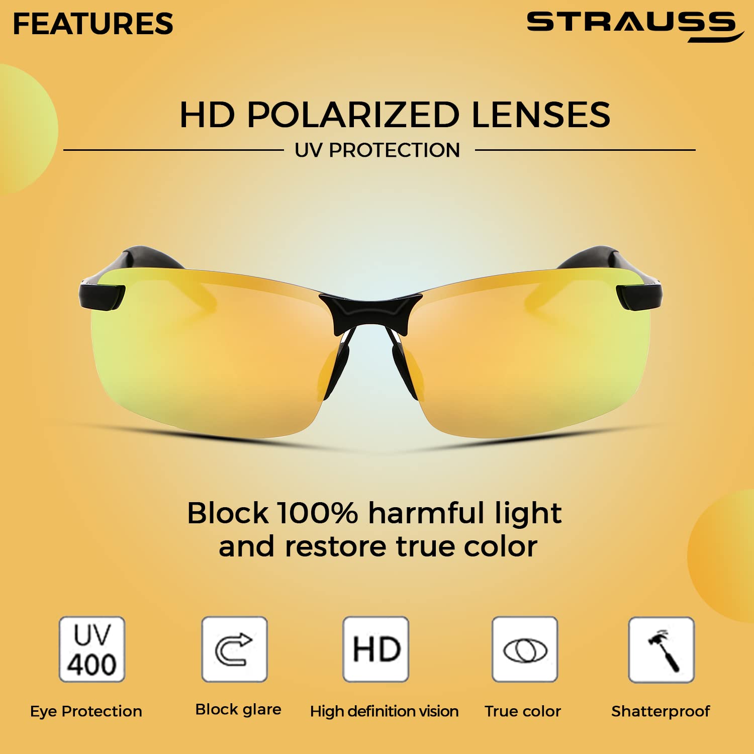 STRAUSS UV 400 Sunglasses, (Yellow)