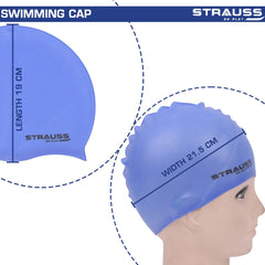 Strauss Latest Designed Swimming Cap | Keeps Hair Clean with Ear Protector | Suitable For Long and Short Hair | Swimming Head Cap With Breathable Fabric | Waterproof Swim Cap for Adult, Woman and Men ,(Blue)