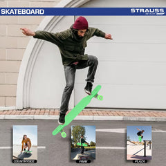 STRAUSS Cruiser Skateboard| Penny Skateboard | Casterboard | Hoverboard | Anti-Skid Board with ABEC-7 High Precision Bearings | PU Wheel with Light |Ideal for All Skill Level (31 X 8 Inch), (Green)