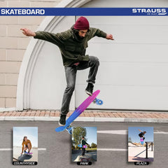 STRAUSS Cruiser Skateboard| Penny Skateboard | Casterboard | Hoverboard | Anti-Skid Board with ABEC-7 High Precision Bearings | Ideal for All Skill Level | 21.6 X 6 Inch,(Pink,Blue)