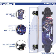 STRAUSS Spunkz Skateboard/Penny Skateboard/Casterboard/Hoverboard | Anti-Skid Board with ABEC-7 High Precision Bearings | PU Wheel with Light |Ideal for All Skill Level (31 X 8 Inch), (Biker)