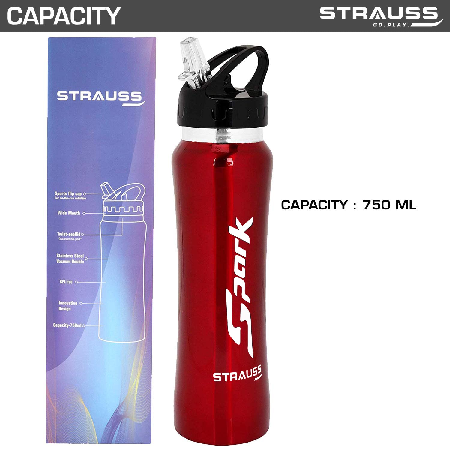 STRAUSS Spark Stainless-Steel Bottle, Metal Finish, 750 ml, (Red)