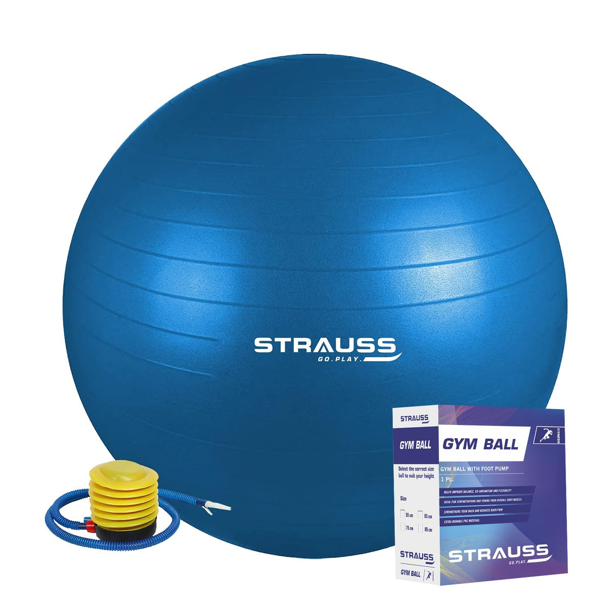 STRAUSS Anti-Burst Rubber Gym Ball with Free Foot Pump | Round Shape Swiss Ball for Exercise, Workout, Yoga, Pregnancy, Birthing, Balance & Stability, 65 cm, (Blue)