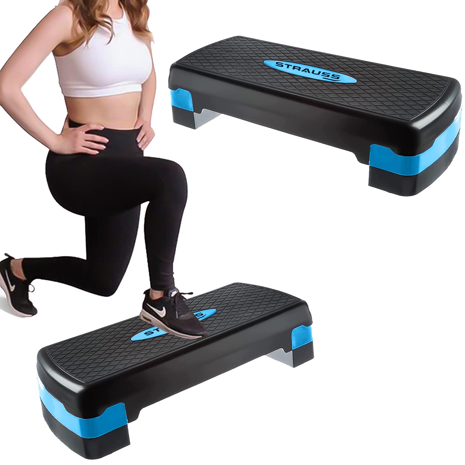 Strauss Aerobic Stepper | Two Height Level Adjustments - 4 inches and 6 inches | Slip-Resistant & Shock Absorbing Platform for Extra-Durability - Supports Upto 200 KG, (Blue)