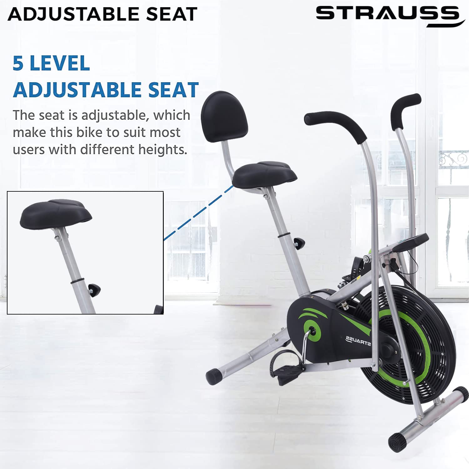 Strauss Air Bike Exercise Cycle with Moving or Stationary Handle | Side Handle for Support | Adjustable Resistance with Cushioned Seat | Fitness Cycle for Home Gym (Back Support, (Green))