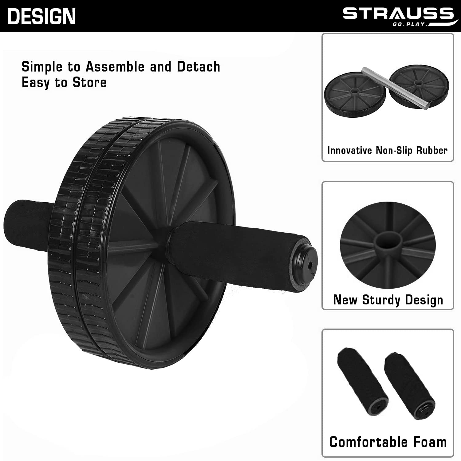 Strauss Double Wheel Ab & Exercise Roller | Anti-Skid Wheel Base, Non-Slip PVC Handles with Foam | Ideal for Home, Gym workout for Abs, Tummy, (Black)