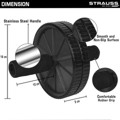 Strauss Double Wheel Ab & Exercise Roller | Anti-Skid Wheel Base, Non-Slip PVC Handles with Foam | Ideal for Home, Gym workout for Abs, Tummy, (Black)