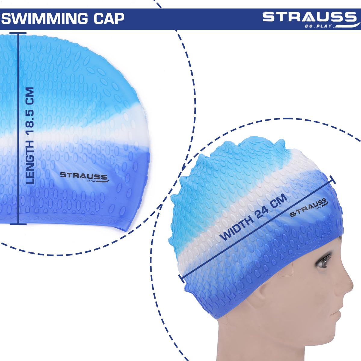 Strauss Latest Designed Swimming Cap | Keeps Hair Clean with Ear Protector | Suitable For Long and Short Hair | Swimming Head Cap With Breathable Fabric | Waterproof Swim Cap for Adult, Woman and Men ,(Blue)