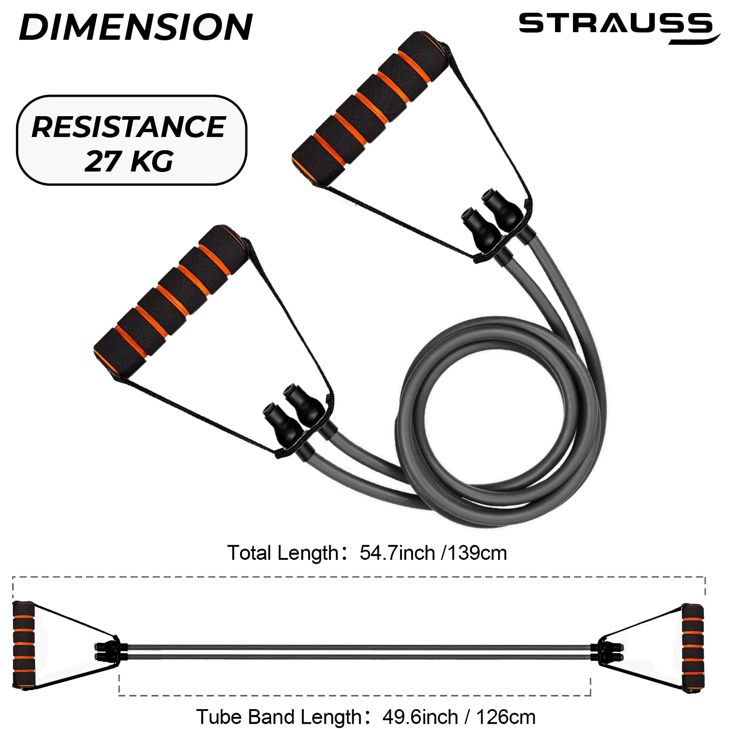 Strauss Double Resistance Tube with Foam Handles, Door Knob & Carry Bag, 27 Kg, (Black)