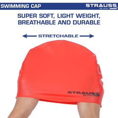 Strauss Latest Designed Swimming Cap | Keeps Hair Clean with Ear Protector | Suitable For Long and Short Hair | Swimming Head Cap With Breathable Fabric | Waterproof Swim Cap for Adult, Woman and Men ,(Red)