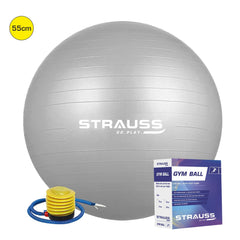 STRAUSS Anti-Burst Rubber Gym Ball with Free Foot Pump | Round Shape Swiss Ball for Exercise, Workout, Yoga, Pregnancy, Birthing, Balance & Stability, 55 cm, (Grey)