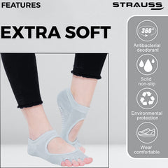STRAUSS Women Yoga Socks |Non-Slip Grips, Ideal for Pilates, Pure Barre, Ballet, Dance, Barefoot Workout Small, (Grey)