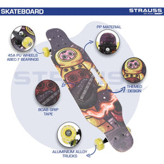 STRAUSS Spunkz Skateboard/Penny Skateboard/Casterboard/Hoverboard | Anti-Skid Board with ABEC-7 High Precision Bearings | PU Wheel with Light |Ideal for All Skill Level (28 X 6 Inch), (Astronaut)