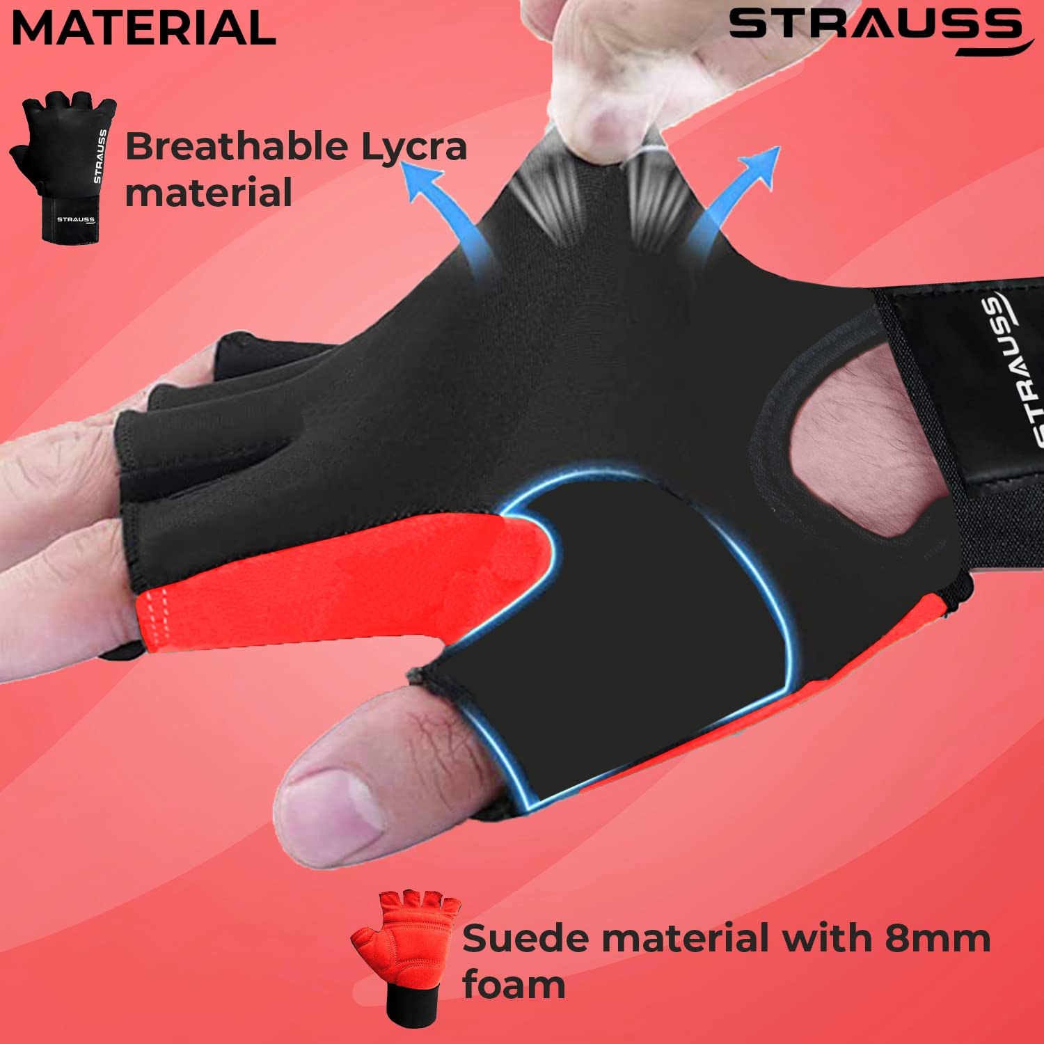 STRAUSS Suede Gym Gloves for Weightlifting, Training, Cycling, Exercise & Gym | Half Finger Design, 8mm Foam Cushioning, Anti-Slip & Breathable Lycra Material, (Red/Black), (Large)