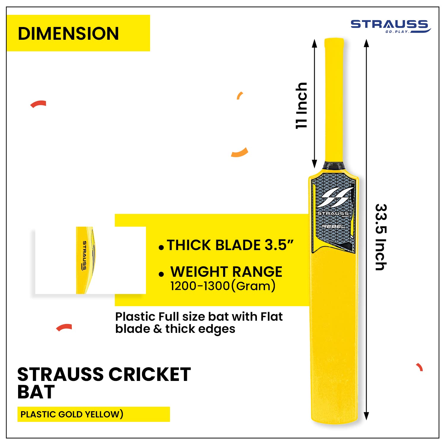Strauss Rebel Cricket Bat | Full Size | Dimensions: 34 X 4.5 inch | Heavy Duty Hard PVC/Plastic Cricket Bat | Color: Golden Yellow | For All Age Groups | Tennis & Synthetic Ball Cricket Bat | Tennis Cricket Bat