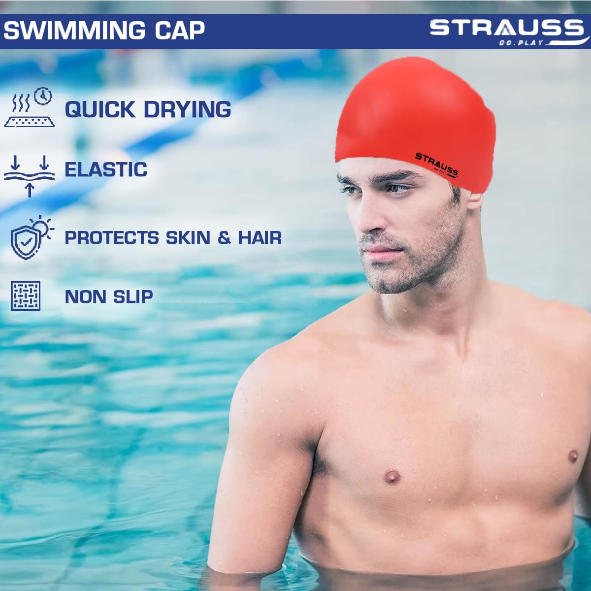 Strauss Latest Designed Swimming Cap | Keeps Hair Clean with Ear Protector | Suitable For Long and Short Hair | Swimming Head Cap With Breathable Fabric | Waterproof Swim Cap for Adult, Woman and Men ,(Red)