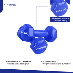 Strauss Premium Vinyl Dumbbells Weight for Men & Women | 1.5 Kg (Each) | 3 Kg (Pair) | Ideal for Home Workout, Yoga, Pilates, Gym Exercises | Non-Slip, Easy to Hold, Scratch Resistant (Blue)