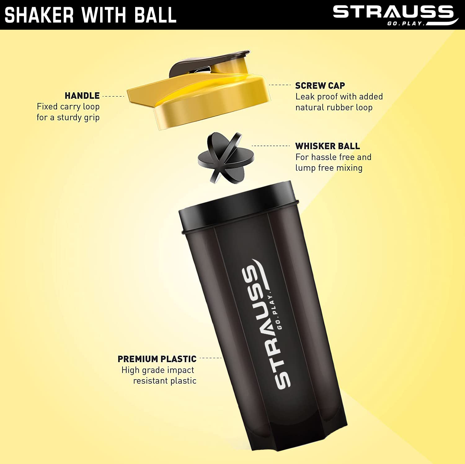 STRAUSS New Recharge Shaker Bottle, (Black/Yellow)