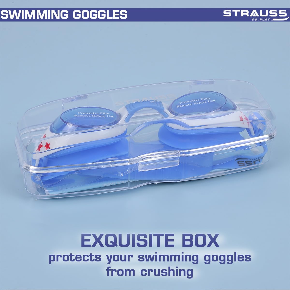 STRAUSS Swimming Goggles | Anti Fog & UV Protection | Swimming Goggles for Adults, Men and Women | Fully Adjustable Swimming Goggles With A Case Cover,(Blue/White)