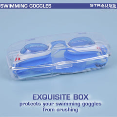 STRAUSS Swimming Goggles | Anti Fog & UV Protection | Swimming Goggles for Adults, Men and Women | Fully Adjustable Swimming Goggles With A Case Cover,(Blue/White)