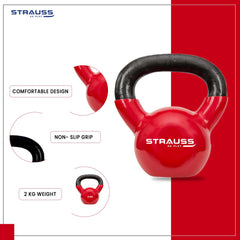 Strauss Premium Vinyl Kettlebell Weight for Men & Women | 12 Kg | Ideal for Home Workout, Yoga, Pilates, Gym Exercises | Non-Slip, Easy to Hold, Scratch Resistant (Red)