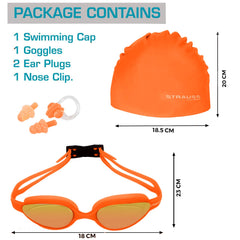 STRAUSS Swimming Goggles Set with UV and Anti Fog Protection | Swimming Kit of Goggles,Cap,Earplug & Nose Plug Set - Ideal for All Age Group | Fully Adjustable | (Orange)