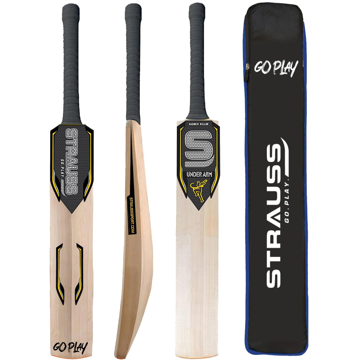 Strauss Underarm Cricket Bat | Kashmir Willow | Cricket Bat with Grip for Gully Cricket & Tournament Match | Standard Tennis Ball Bat for Cricket | Size: Short Handle (1150-1250 Grams)