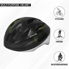 Strauss Cycling Helmet , ELITE | Light Weight with Superior Ventilation | Mountain, Road Bike & Skating Helmet With Premium White EPS Foam Lining| Ideal for Adults and Kids| Size: Junior ,(Black and Green)