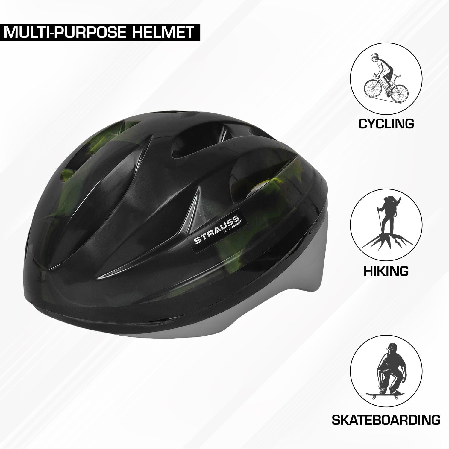 Strauss Cycling Helmet, Elite | Light Weight with Superior Ventilation | Mountain, Road Bike & Skating Helmet with Premium EPS Foam Lining| Ideal for Adults and Kids| Size: Junior,(Black and Green)