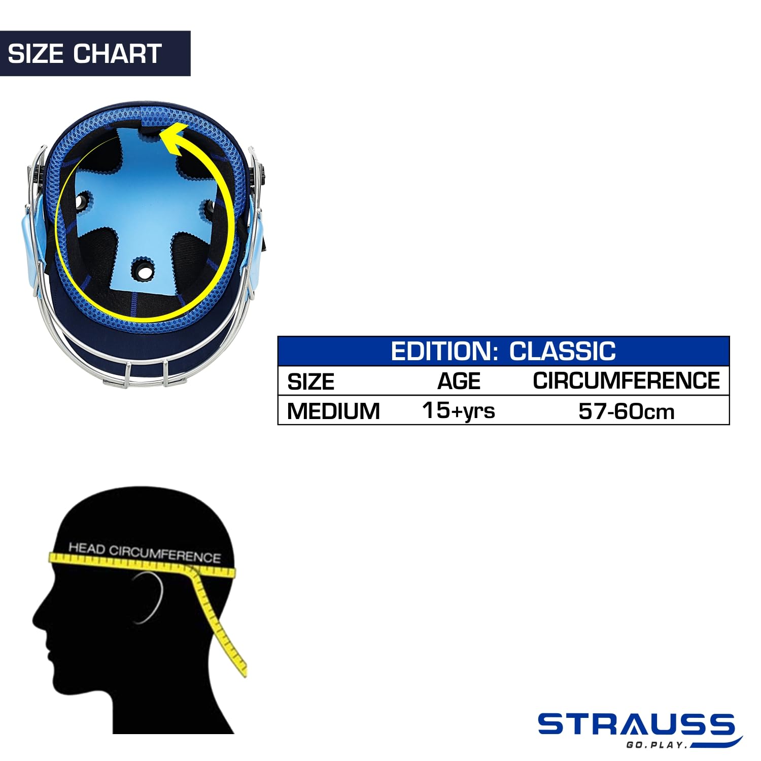 Strauss Cricket Helmet | Steel Grill | Edition: Classic | Size: Medium | Age: 15+yrs | Color: Blue | for Men, Women | Lightweight | Advance Protection | Leather Ball Cricket Helmet
