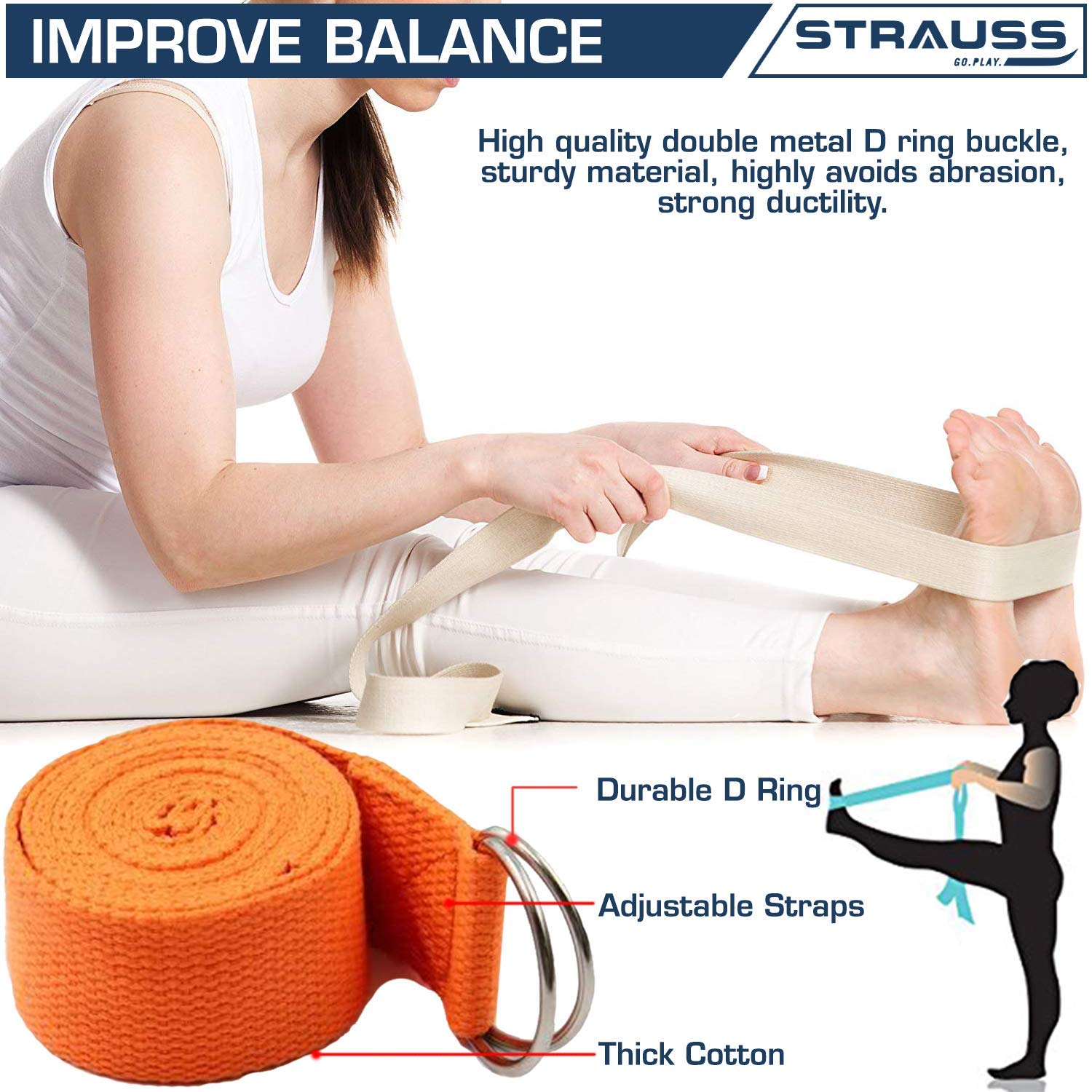 Strauss Foam Roller (Orange), 30 cm and Yoga Belt, 6 Feet (Orange)