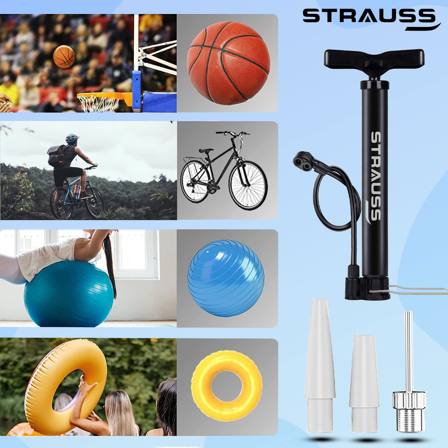 Strauss High Pressure Multipurpose Air Pump | Inflatable Air Pump | Floor Air Pumps for Bicycle, Car, Ball, Motorcycle,(Yellow)