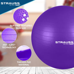 STRAUSS Anti-Burst Rubber Gym Ball with Free Foot Pump | Round Shape Swiss Ball for Exercise, Workout, Yoga, Pregnancy, Birthing, Balance & Stability, 85 cm, (Purple)