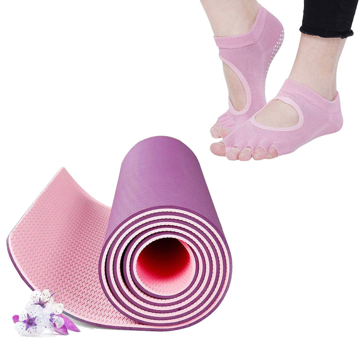 Strauss TPE Eco Friendly Dual Layer Yoga Mat, 6 mm (Pink) and Yoga Socks, Pink