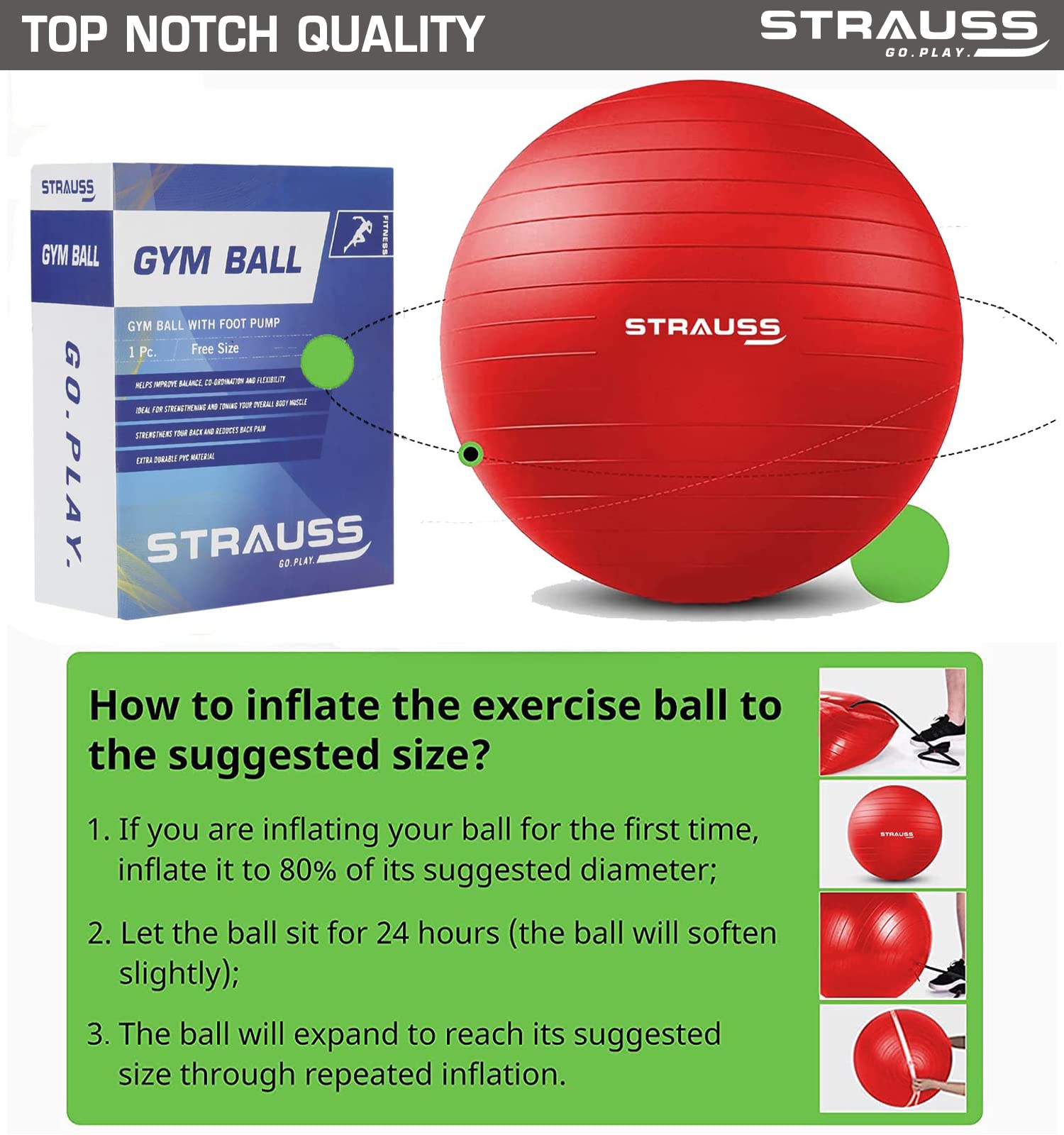 STRAUSS Rubber Anti-Burst Gym Ball, Round Shape, 55 cm, (Red)