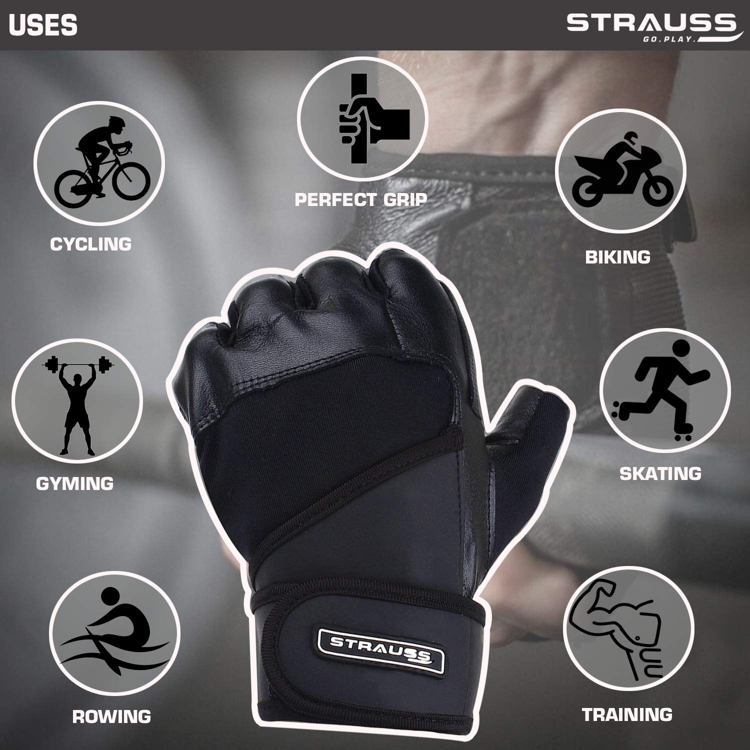 STRAUSS Leather Gym Gloves with Wrist Wrap (Medium)