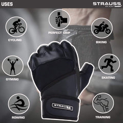 Strauss Leather Gym Gloves with Wrist Wrap (Medium) and Wrist Support, Free Size (Black)