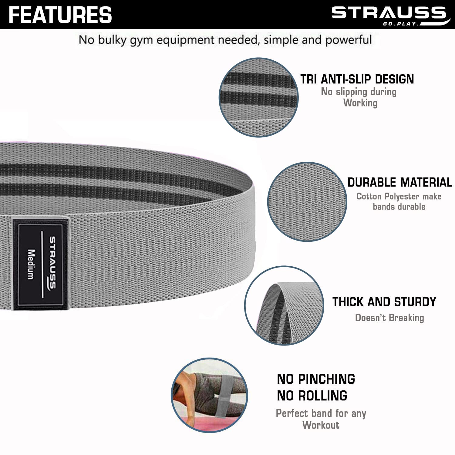 Strauss Standard Fabric Resistance Bands, Single, (Grey)