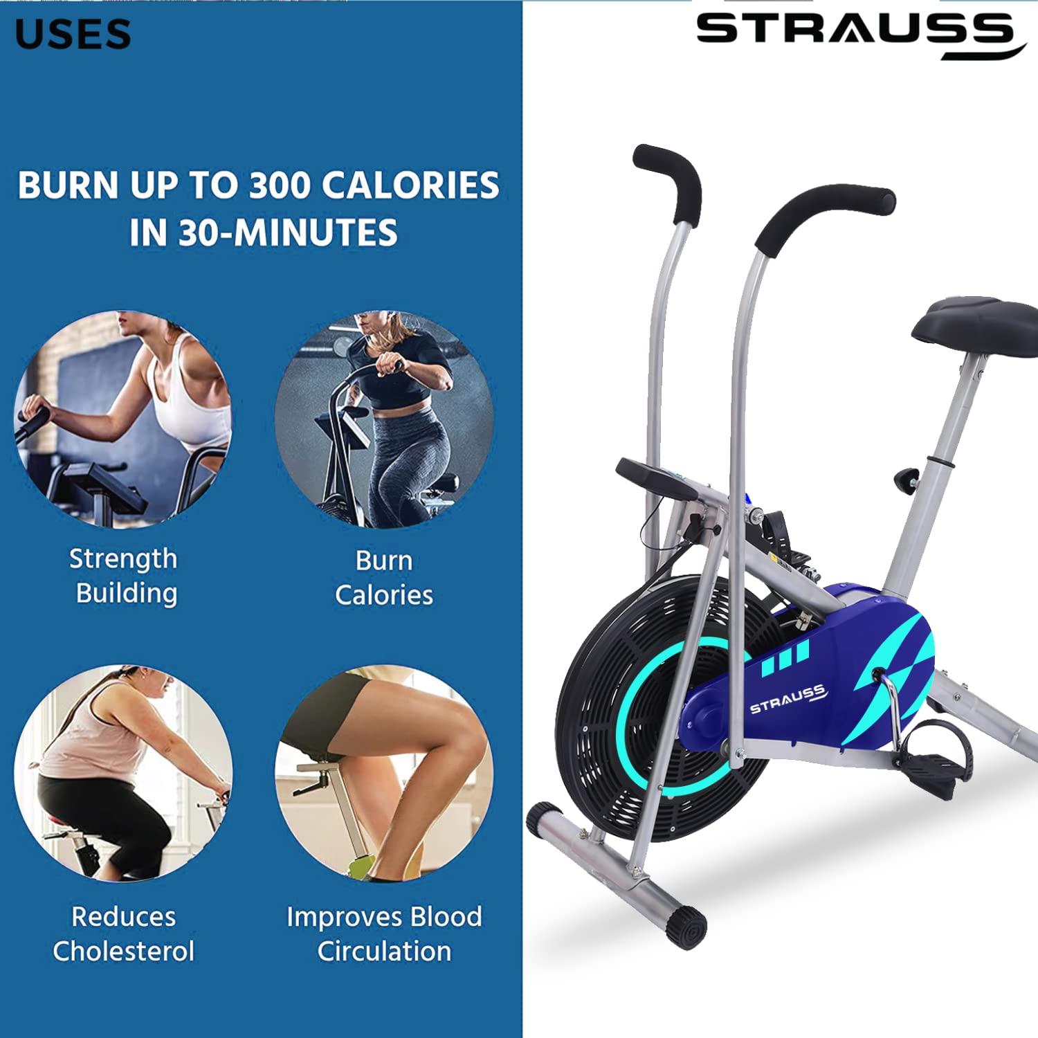 Strauss Stayfit Exercise Bike With Moving or Stationary Handle | Adjustable Resistance With Cushioned Seat and LCD Monitor | Fitness Cycle For Home Gym (Max Weight: 120Kg), Blue