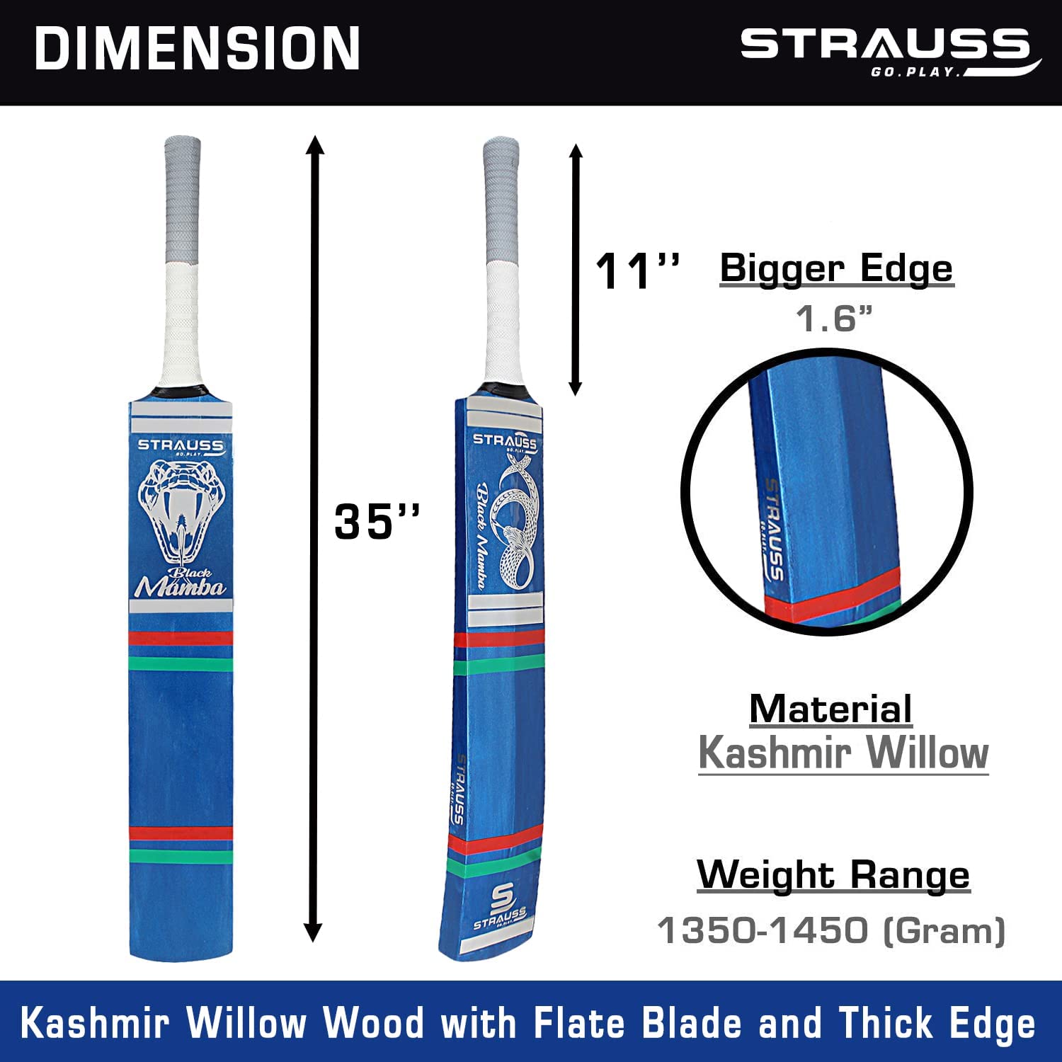 Strauss Cricket Bat | Model: Black Mamba| Lightweight Tennis Cricket Bat | Size: LH | Kashmir Willow, Blue