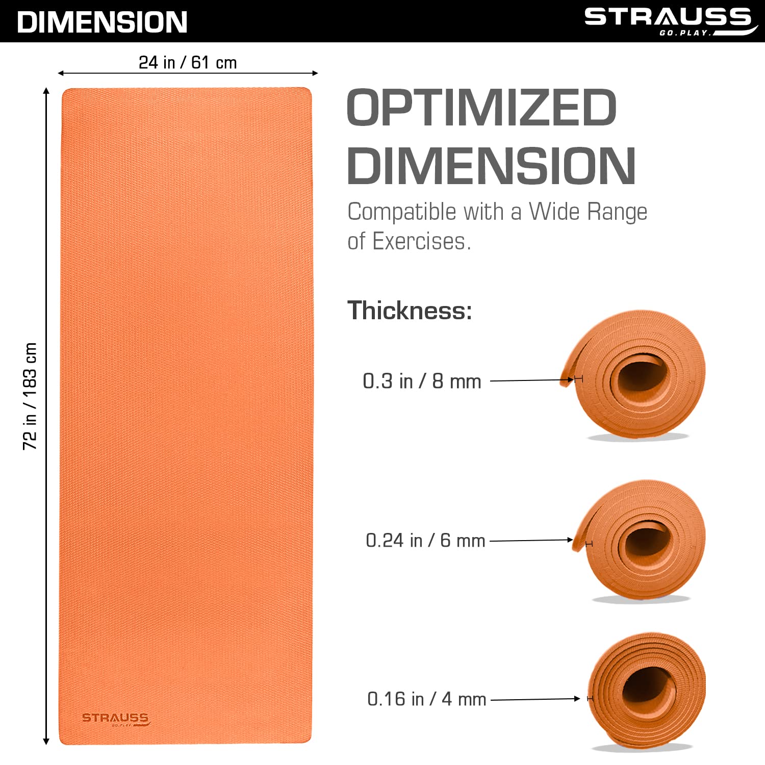 Strauss Anti Skid EVA Yoga Mat with Carry Strap, 4mm, (Orange)